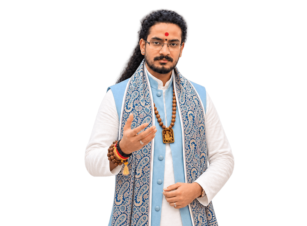 An astrologer in a white kurta and paisley shawl, wearing rudraksha beads